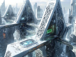 Poster - Futuristic Metropolis with Towering Angular Architecture Gleaming Steel and Glass Structures and Intricate Geometric Patterns Integrated into the Urban Landscape and Transport Systems