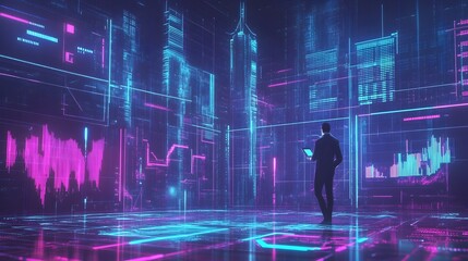 Poster - Entrepreneurial Success Powered by Futuristic Virtual Business Platform with Holographic Financial Tools  Modern metropolis backdrop with skyscrapers technology