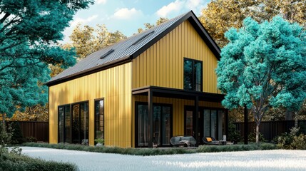 A sleek farmhouse-style home with vertical mustard paneling, ebony trim, set on pearl white grass and surrounded by teal trees for a modern, inviting look