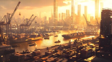 Poster - Bustling cargo harbor with towering glass and steel skyscrapers in the background crowded docks and cranes loading and unloading massive shipping containers