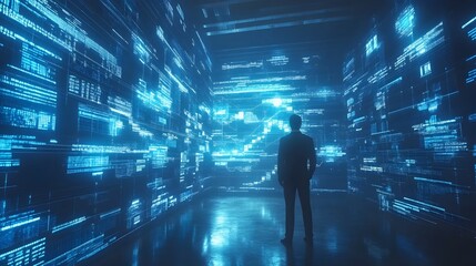 Poster - Holographic data display interface showcasing virtual business advisor technology for modern financial analytics and data visualization  Blue tones conceptual background for digital transformation