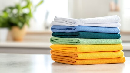 A neatly stacked set of colorful towels on a countertop in a bright, modern room, representing cleanliness, order, and home essentials.