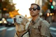 © Lamina - Man in dark sunglasses stands at crosswalk, hand on Labrador guide dog's harness, dog focused, ready to lead him safely across street as traffic flows nearby.