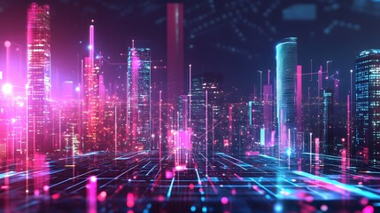 Poster - augmented reality business presentation with glowing holographic graphs and corporate skyscraper bac