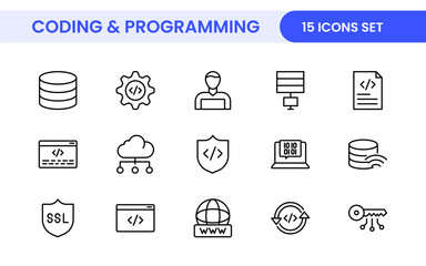 Programming coding set of web icons in line style. Software development icons for web and mobile app. Code, api, programmer, developer, information technology, coder and more.