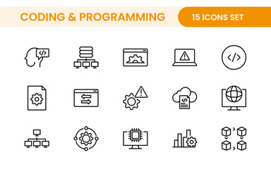 Programming coding set of web icons in line style. Software development icons for web and mobile app. Code, api, programmer, developer, information technology, coder and more.