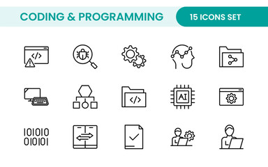 programming coding set of web icons in line style. software development icons for web and mobile app