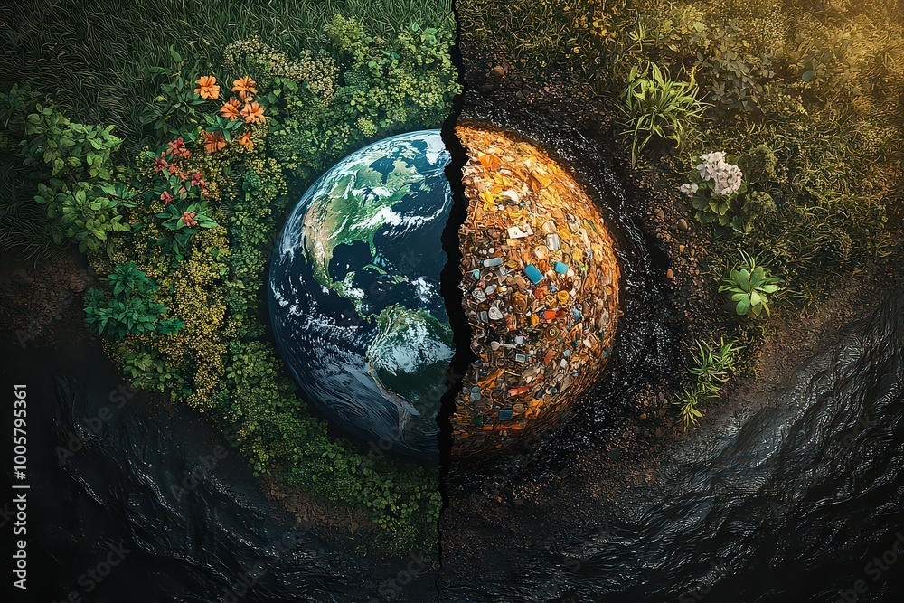 Divide Environmental Events Earth split in half, one side flourishing with life and the other ...