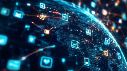 A digital globe surrounded by social media icons and symbols, representing global connectivity