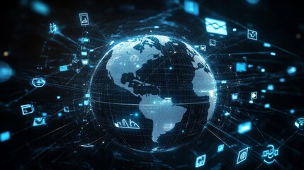 A digital globe surrounded by social media icons and symbols, representing global connectivity