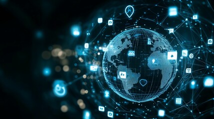 A digital globe surrounded by social media icons and symbols, representing global connectivity