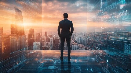 Poster - Futuristic Corporate Platform for Entrepreneurial Success and Virtual Business Solutions  Holographic financial tools data analytics and a modern