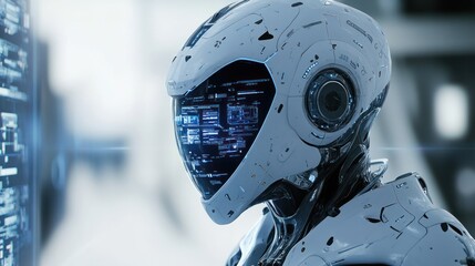 Poster - A futuristic robot with a high-tech visor, displaying digital information.