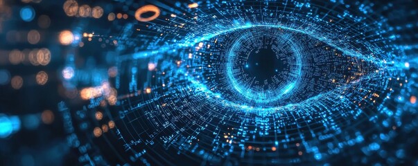 Poster - Futuristic blue digital eye surrounded by binary code and technology, representing cybersecurity, artificial intelligence, and digital surveillance concepts