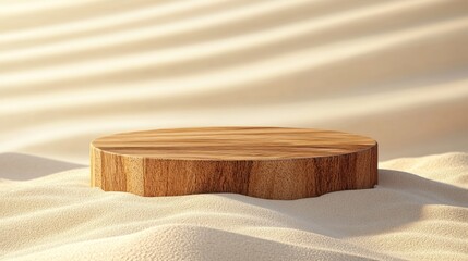 Poster - A wooden display platform on a sandy surface, creating a minimalist aesthetic.