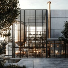 Aufkleber - Pastel toned compact distillery featuring a minimalist and modern architectural design with sharp angular forms brushed metal fixtures and abundant natural light streaming in through large windows