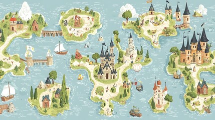 Fantasy Island Map   Hand Drawn Illustration  Castles  Ships  Sea  Adventure  Cartoon  Kids