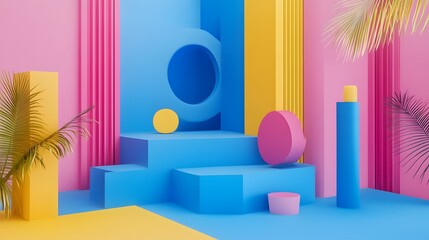 pink blue yellow geometric shape pattern colorful 3d render scene. 