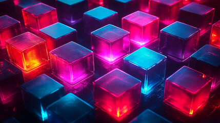 Wall Mural - Vibrant Neon Cubes in Abstract 3D Background at Night with Futuristic Glowing Colors and Modern Digital Aesthetics