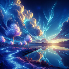 a surreal nature with colored trees, river and clouds, digital art