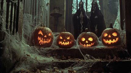 Spooky Halloween scene featuring carved pumpkins with glowing faces, cobwebs, and skeletons in background, creating eerie atmosphere