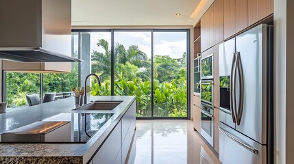 Aufkleber - Sleek and Spacious Modern Kitchen with Panoramic Garden View and Abundant Natural Light Flooding the Minimalist Scandinavian Interior Design