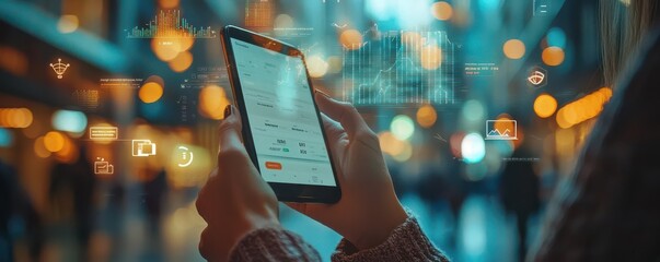 Poster - Close-up view of hands using a mobile device with digital graphs and data overlays in a futuristic setting