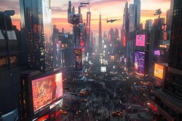 Poster - Dazzling metropolis skyline bursting with vibrant futuristic retro charm and cinematic allure  A towering urban landscape of gleaming skyscrapers bustling city streets neon lit billboards