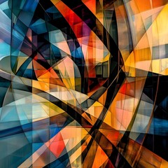Poster - Vibrant kaleidoscopic abstract composition of dynamic shapes lines and colors reminiscent of the energetic experimental spirit of the Cubist movement captured with a striking