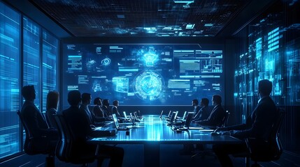 Poster - Futuristic executive team analyzes data and strategizes using cutting edge holographic tools and displays in an ultra modern minimalist conference room setting