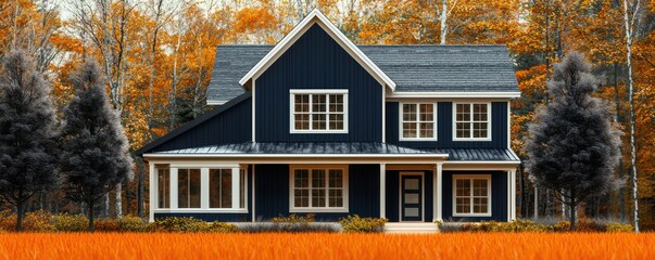 Wall Mural - a sleek farmhouse-style home with vertical indigo paneling, cream trim, set on bright orange grass a