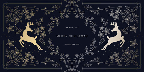 Luxury Christmas and Happy new year background folk design vector. Elegant holly leaves branch, reindeer, snowflake, flower on navy blue background. Design for wallpaper, banner, cover, website.