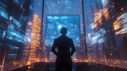 Poster - CEO Directing Futuristic Holographic Business Tools and Analytics in Sleek Corporate Office with Skyscraper Backdrop  Innovative Virtual Reality Technology for Strategic Planning and Decision Making