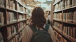 © CreativeVista - Young Student with Backpack Walking Through Library Aisle Surrounded by Bookshelves Symbolizing Education, Learning and Academic Journey