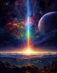 Wall Mural - A breathtaking digital art piece showcasing a cosmic landscape with a radiant light beam descending from space. Surrounded by planets and galaxies, this artwork captures the beauty of the universe and