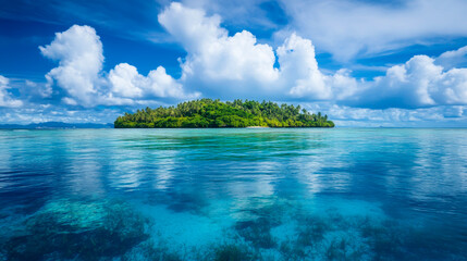 A beautiful island with a blue ocean in the background. The sky is cloudy, but the island is still a peaceful and serene place