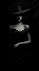 Wall Mural - A woman in a black dress and hat is standing in front of a curtain. The image has a mood of mystery and intrigue