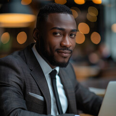 Poster - A black business owner looking at their laptop with a little smile on their face wearing a suit with a calm and focused look.
