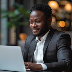 Poster - A black business owner looking at their laptop with a little smile on their face wearing a suit with a calm and focused look.