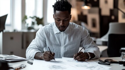 Aufkleber - A man is drawing on a piece of paper with a pencil