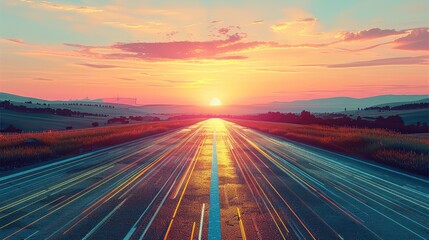 Aufkleber - Road illustration with sunset view.
