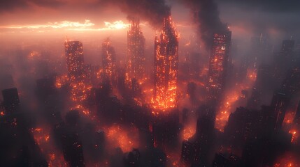 Poster - A dystopian,apocalyptic cityscape completely engulfed in raging flames,billowing smoke,and chaos during a massive urban disaster emergency.