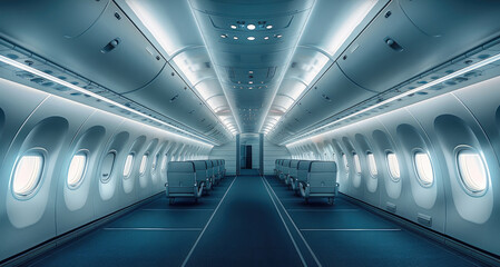 Poster - An empty aircraft cabin and carpet floors, without seats.