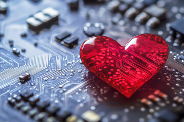 Wall Mural - A red heart is placed on top of a computer circuit board. The heart is surrounded by a blue background, which gives the image a futuristic and technological feel