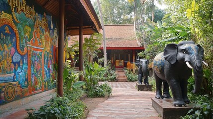 Elephant sculptures and vibrant murals decorating the grounds of Wat Ban Rai.