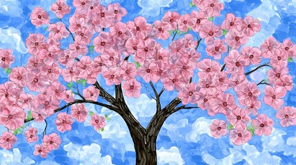 Poster - Watercolor Painting Pink Flowers Tree Sky Abstract Art