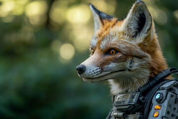 Wall Mural - A fox with a camera strapped to its back. The fox is wearing a backpack and has a camera on its head