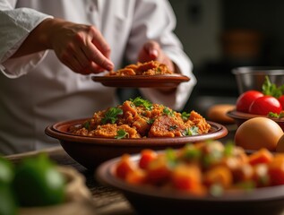 Wall Mural - Hands of a Moroccan Chef Delicately Preparing a Traditional Tagine, Celebrating Authentic North African Cuisine