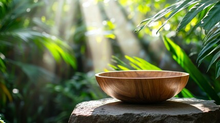 Poster - Wooden bowl on stone pedestal in tropical garden with sun rays