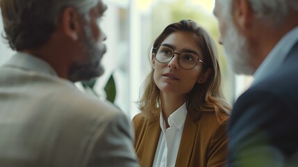 A young professional engages in conversation with two older colleagues, highlighting collaboration and mentorship in a modern office setting.